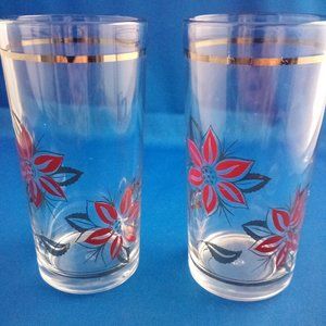2 Vintage mid century Bormioli glasses red and gold flowers poinsettias